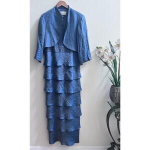 David's Bridal Hammered Shimmer Tiered Ruffle Dress with Bolero Set Blue Size 16